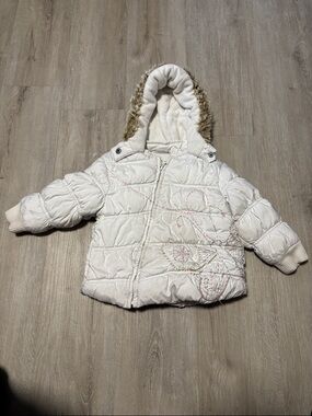 next Cream/White Padded Hooded Puffer Jacket with Faux Fur Trim